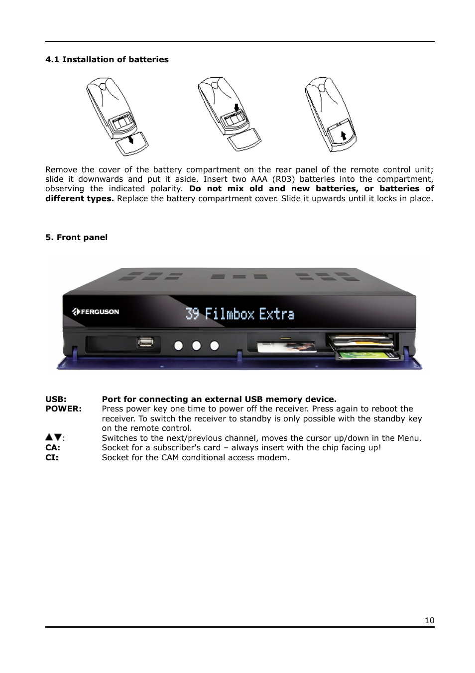 1 installation of batteries, Front panel | Ferguson Ariva Link 200 User Manual | Page 10 / 45