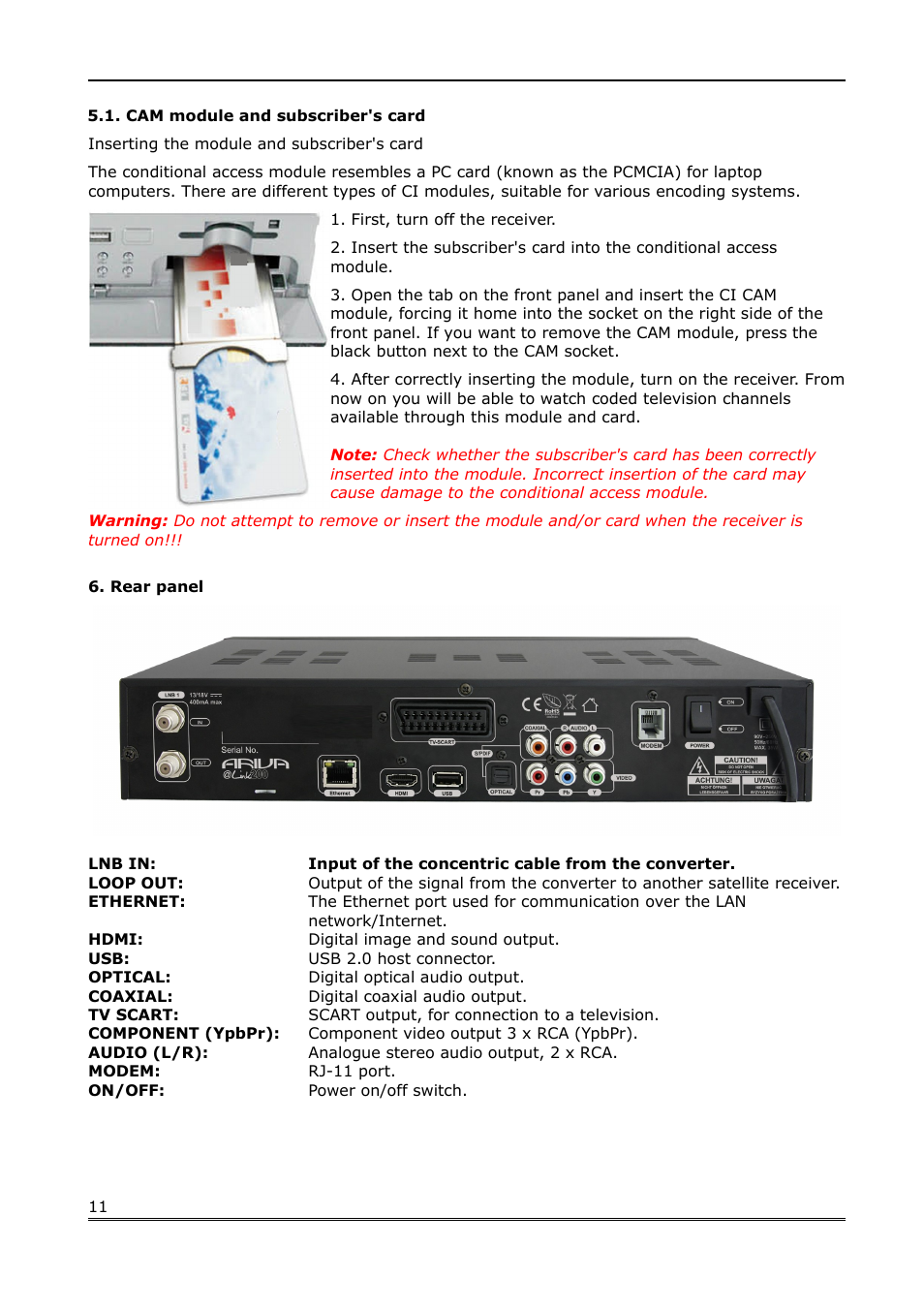 Cam module and subscriber's card, Rear panel | Ferguson Ariva Link 200 User Manual | Page 11 / 45