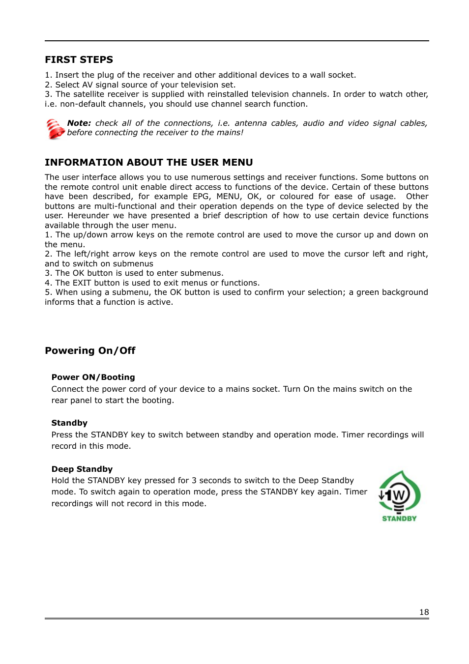 First steps, Information about the user menu, Powering on/off | Ferguson Ariva Link 200 User Manual | Page 18 / 45