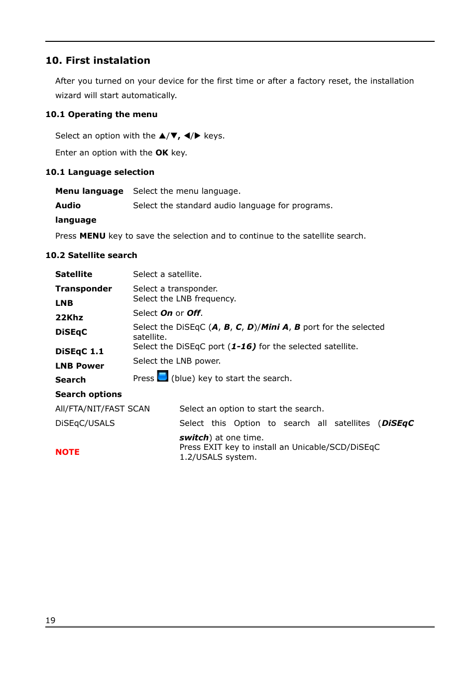 First instalation, 1 operating the menu, 1 language selection | 2 satellite search | Ferguson Ariva Link 200 User Manual | Page 19 / 45