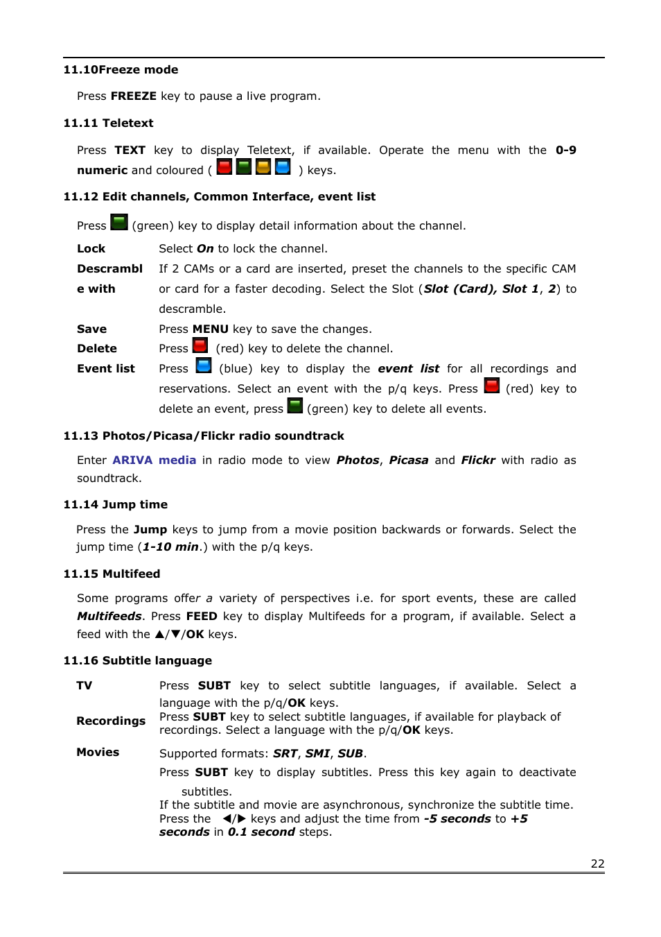 10freeze mode, 11 teletext, 12 edit channels, common interface, event list | 13 photos/picasa/flickr radio soundtrack, 14 jump time, 15 multifeed, 16 subtitle language | Ferguson Ariva Link 200 User Manual | Page 22 / 45