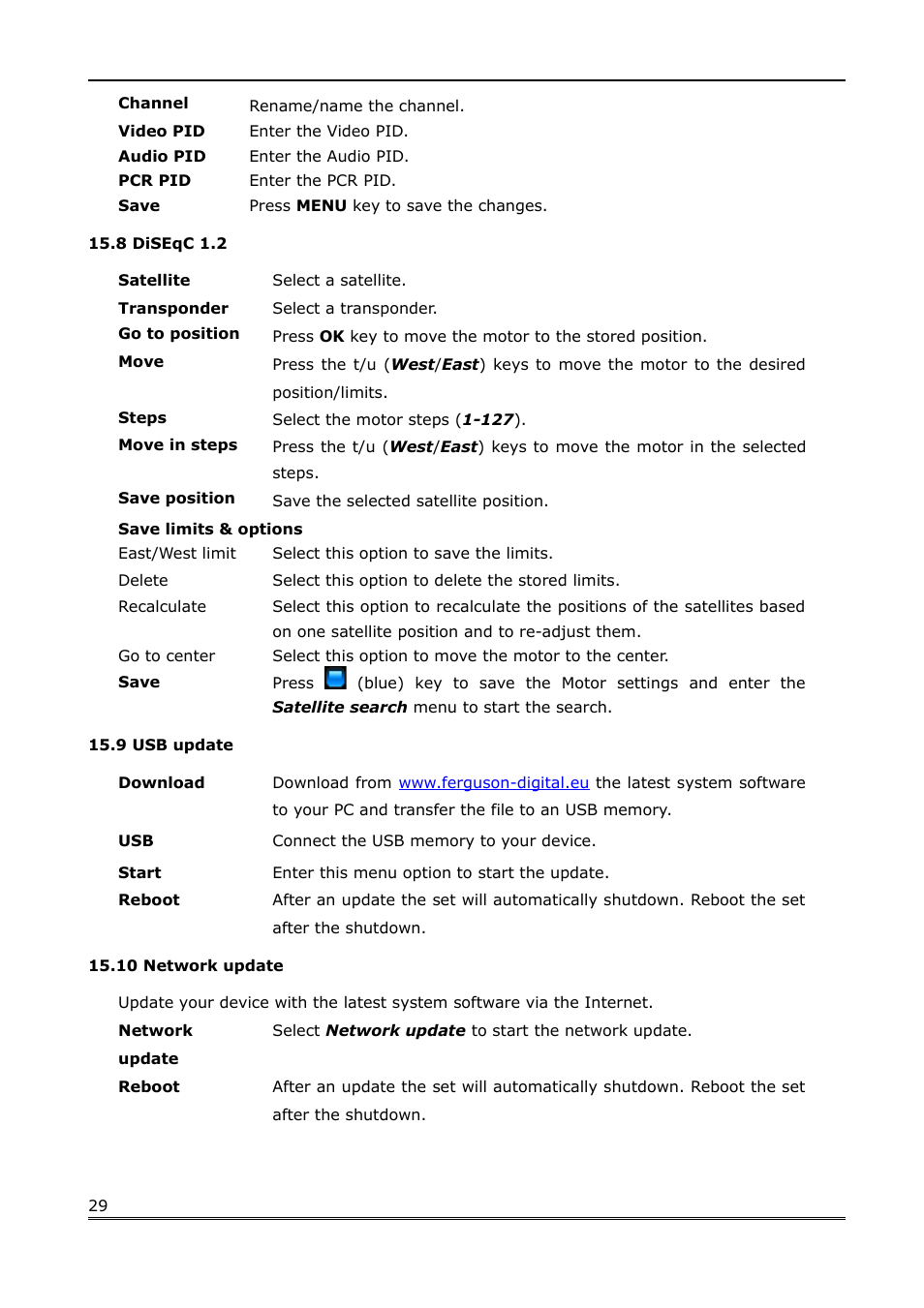 8 diseqc 1.2, 9 usb update, 10 network update | Ferguson Ariva Link 200 User Manual | Page 29 / 45