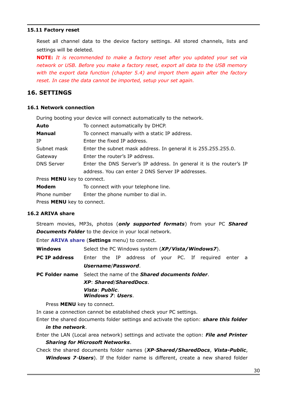 11 factory reset, Settings, 1 network connection | 2 ariva share | Ferguson Ariva Link 200 User Manual | Page 30 / 45