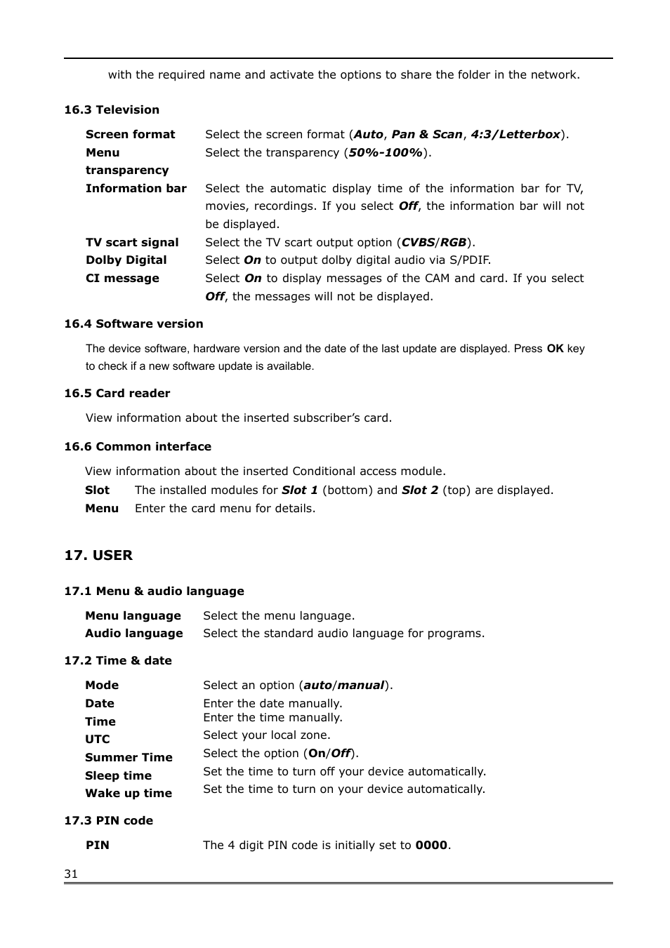 3 television, 4 software version, 5 card reader | 6 common interface, User, 1 menu & audio language, 2 time & date, 3 pin code | Ferguson Ariva Link 200 User Manual | Page 31 / 45