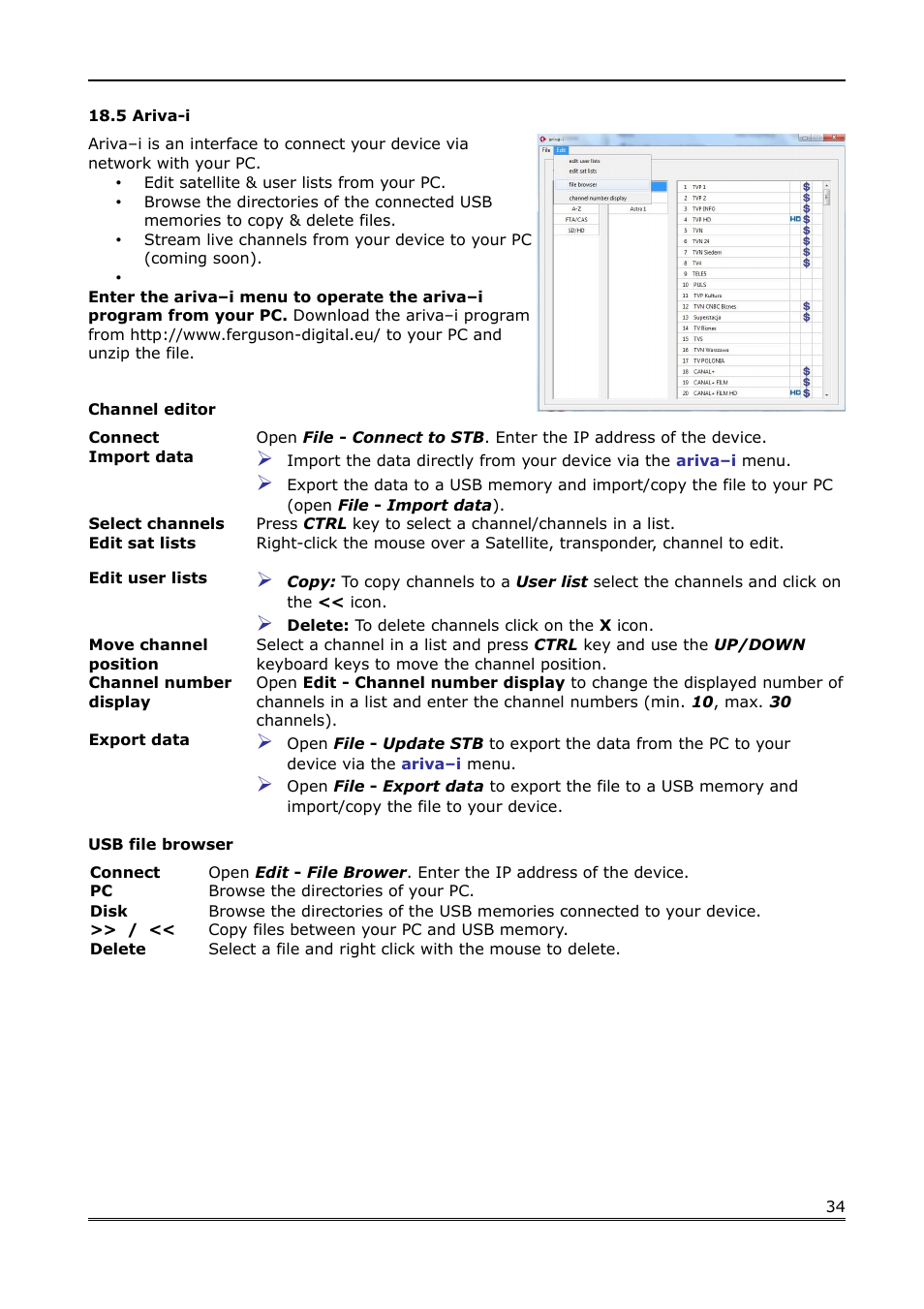 5 ariva-i, Channel editor, Usb file browser | Ferguson Ariva Link 200 User Manual | Page 34 / 45