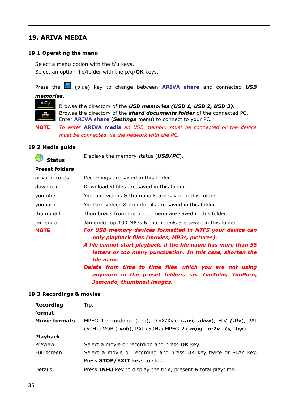 Ariva media, 1 operating the menu, 2 media guide | 3 recordings & movies | Ferguson Ariva Link 200 User Manual | Page 35 / 45