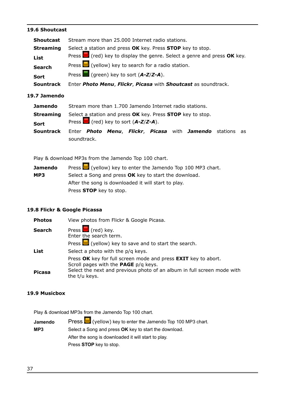 6 shoutcast, 7 jamendo, 8 flickr & google picassa | 9 musicbox | Ferguson Ariva Link 200 User Manual | Page 37 / 45
