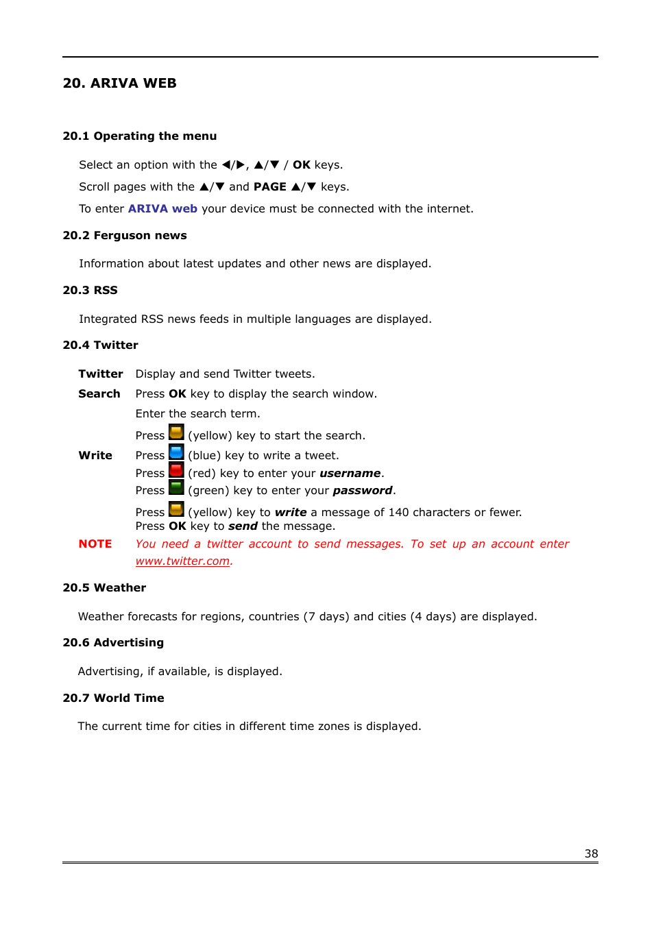 Ariva web, 1 operating the menu, 2 ferguson news | 3 rss, 4 twitter, 5 weather, 6 advertising, 7 world time | Ferguson Ariva Link 200 User Manual | Page 38 / 45