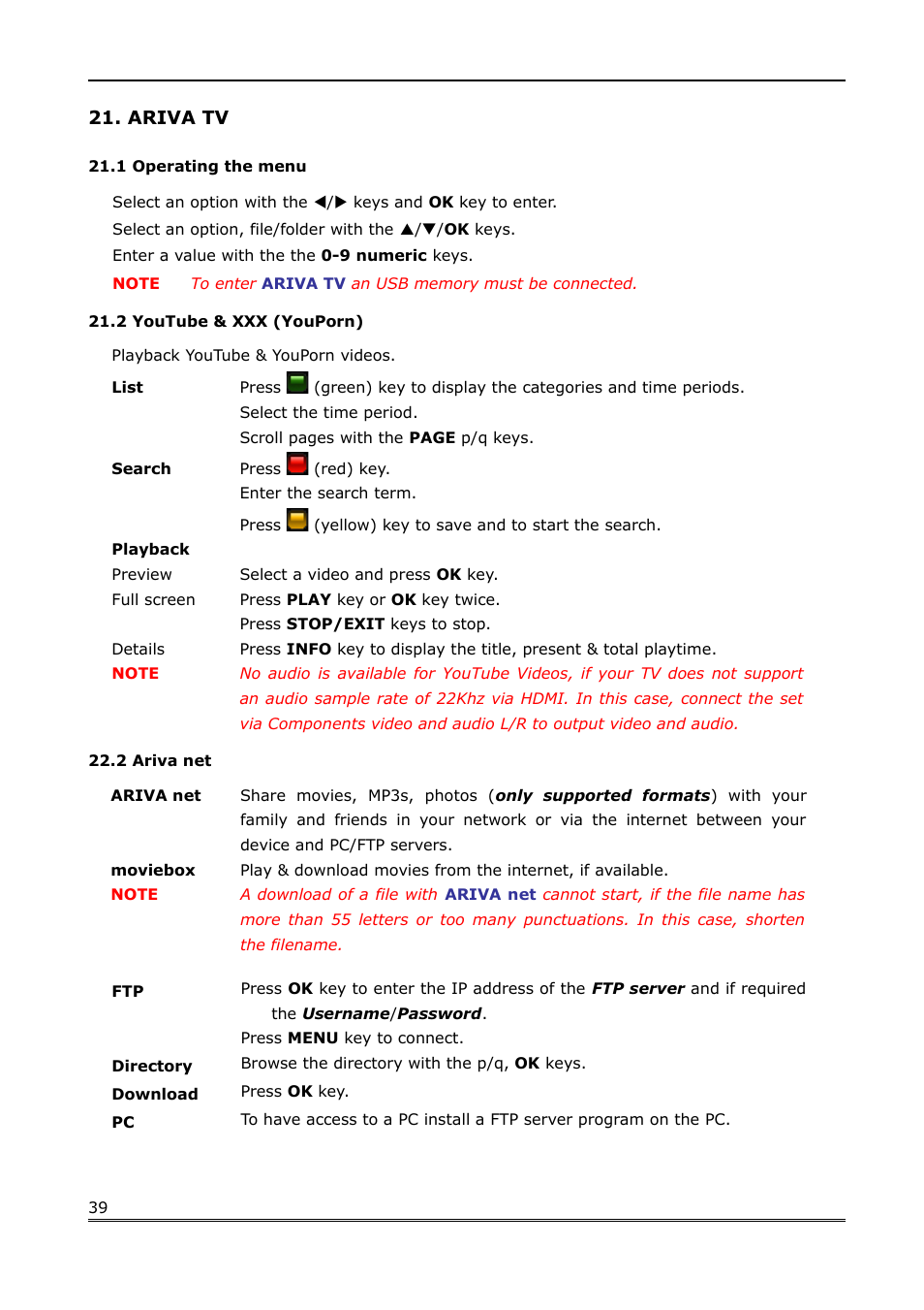 Ariva tv, 1 operating the menu, 2 youtube & xxx (youporn) | 2 ariva net | Ferguson Ariva Link 200 User Manual | Page 39 / 45