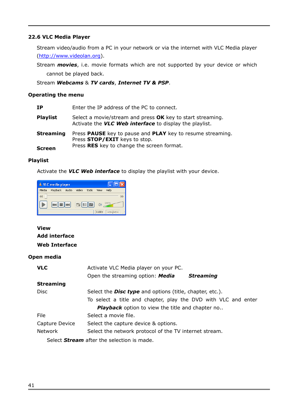 6 vlc media player, Operating the menu, Playlist | Open media | Ferguson Ariva Link 200 User Manual | Page 41 / 45