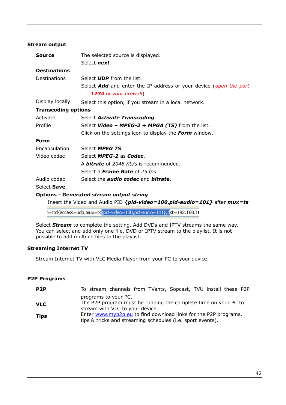 Stream output, Streaming internet tv, P2p programs | Ferguson Ariva Link 200 User Manual | Page 42 / 45
