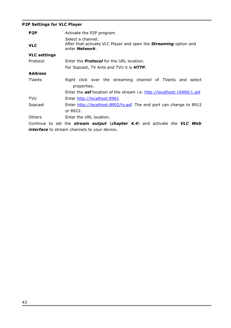 P2p settings for vlc player | Ferguson Ariva Link 200 User Manual | Page 43 / 45