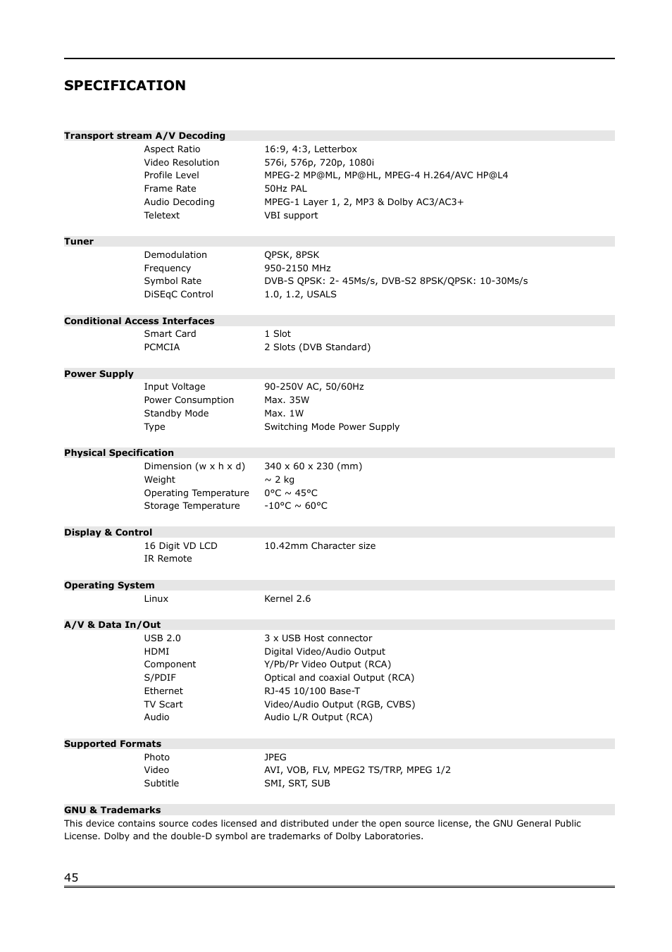 Specification | Ferguson Ariva Link 200 User Manual | Page 45 / 45
