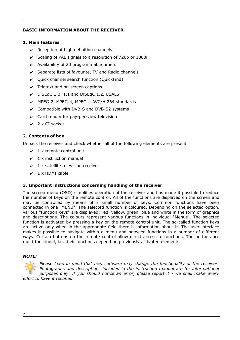 Basic information about the receiver, Main features, Contents of box | Ferguson Ariva Link 200 User Manual | Page 7 / 45