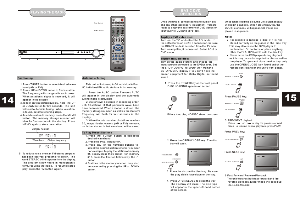 Т³гж 15, Playing the radio, Basic dvd operation | Audiovox JHT140 User Manual | Page 15 / 15