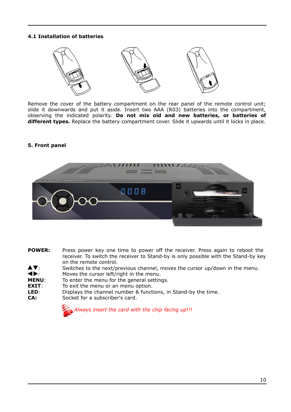 1 installation of batteries, Front panel | Ferguson Ariva Link 100 User Manual | Page 10 / 37