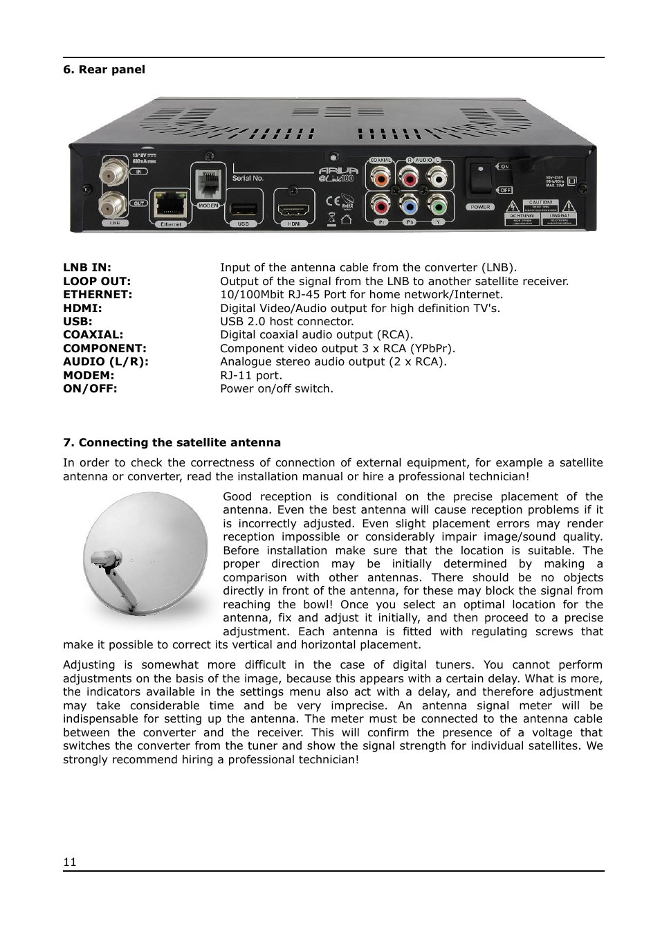 Rear panel, Connecting the satellite antenna | Ferguson Ariva Link 100 User Manual | Page 11 / 37