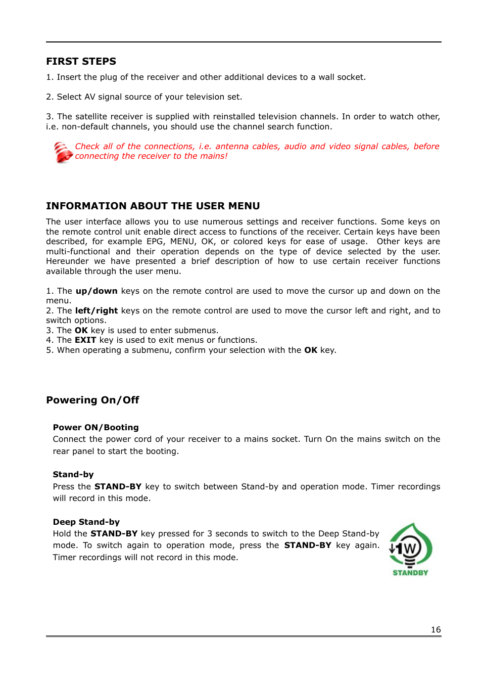 First steps, Information about the user menu, Powering on/off | Ferguson Ariva Link 100 User Manual | Page 16 / 37