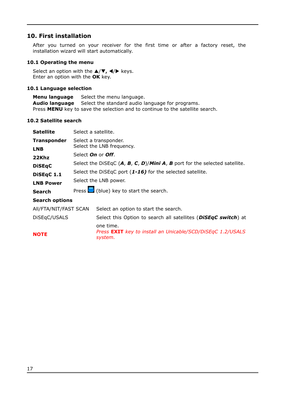 First installation, 1 operating the menu, 1 language selection | 2 satellite search | Ferguson Ariva Link 100 User Manual | Page 17 / 37