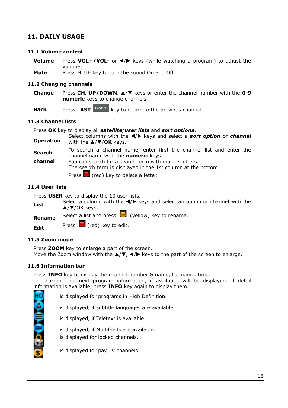 Daily usage, 1 volume control, 2 changing channels | 3 channel lists, 4 user lists, 5 zoom mode, 6 information bar | Ferguson Ariva Link 100 User Manual | Page 18 / 37