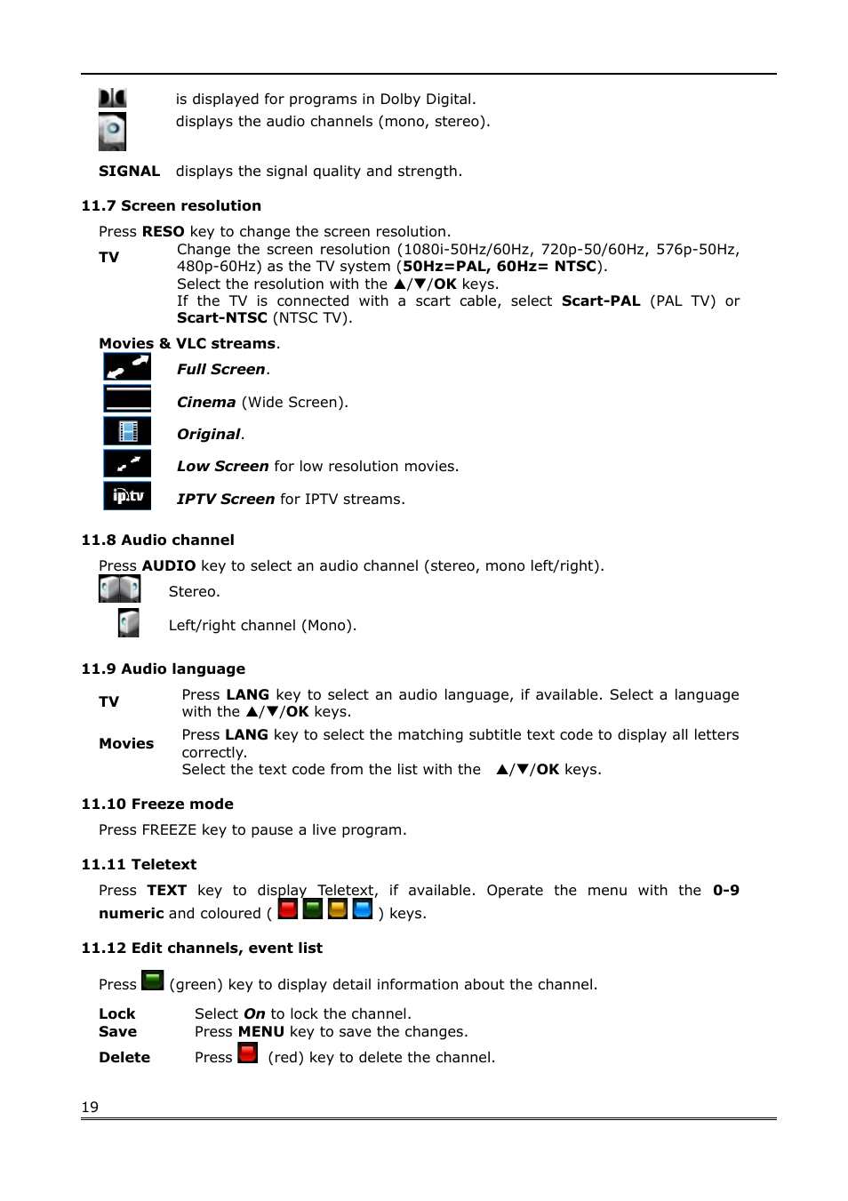 7 screen resolution, 8 audio channel, 9 audio language | 10 freeze mode, 11 teletext, 12 edit channels, event list | Ferguson Ariva Link 100 User Manual | Page 19 / 37