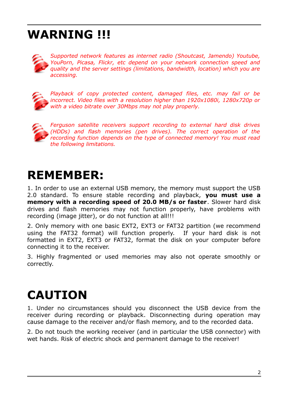 Warning, Remember, Caution | Ferguson Ariva Link 100 User Manual | Page 2 / 37