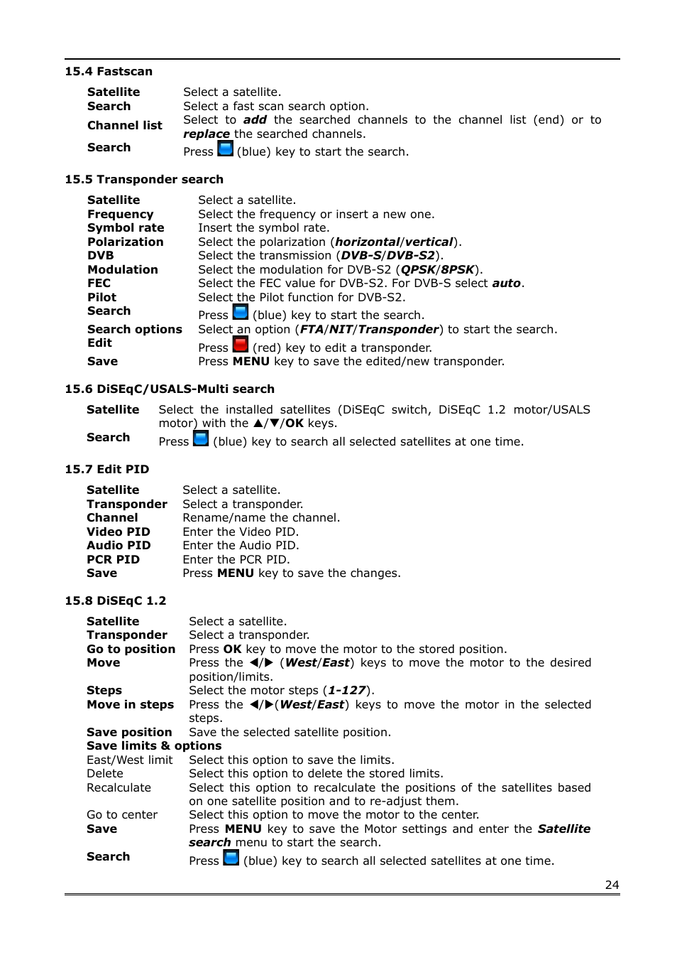 4 fastscan, 5 transponder search, 6 diseqc/usals-multi search | 7 edit pid, 8 diseqc 1.2 | Ferguson Ariva Link 100 User Manual | Page 24 / 37