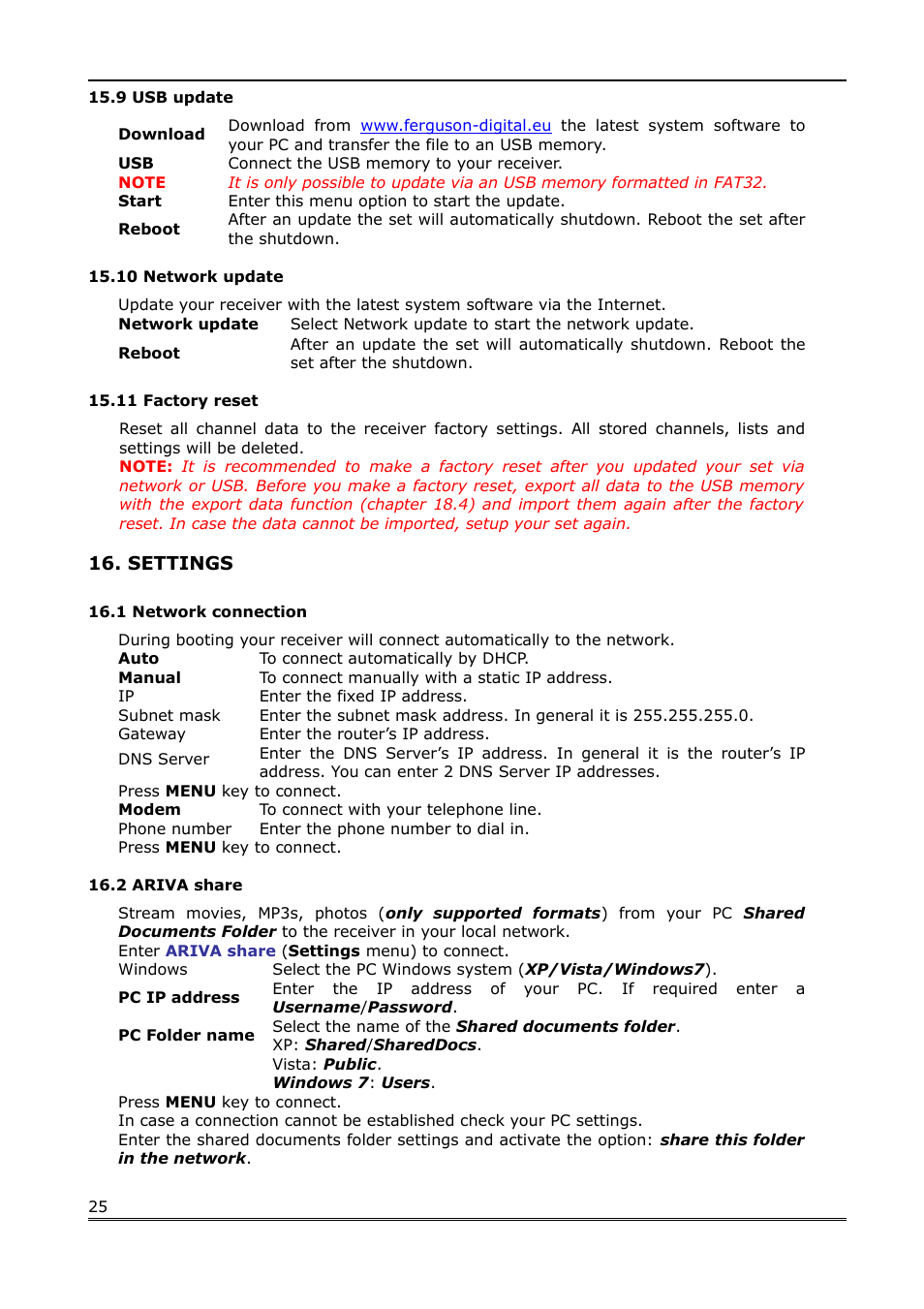 9 usb update, 10 network update, 11 factory reset | Settings, 1 network connection, 2 ariva share | Ferguson Ariva Link 100 User Manual | Page 25 / 37