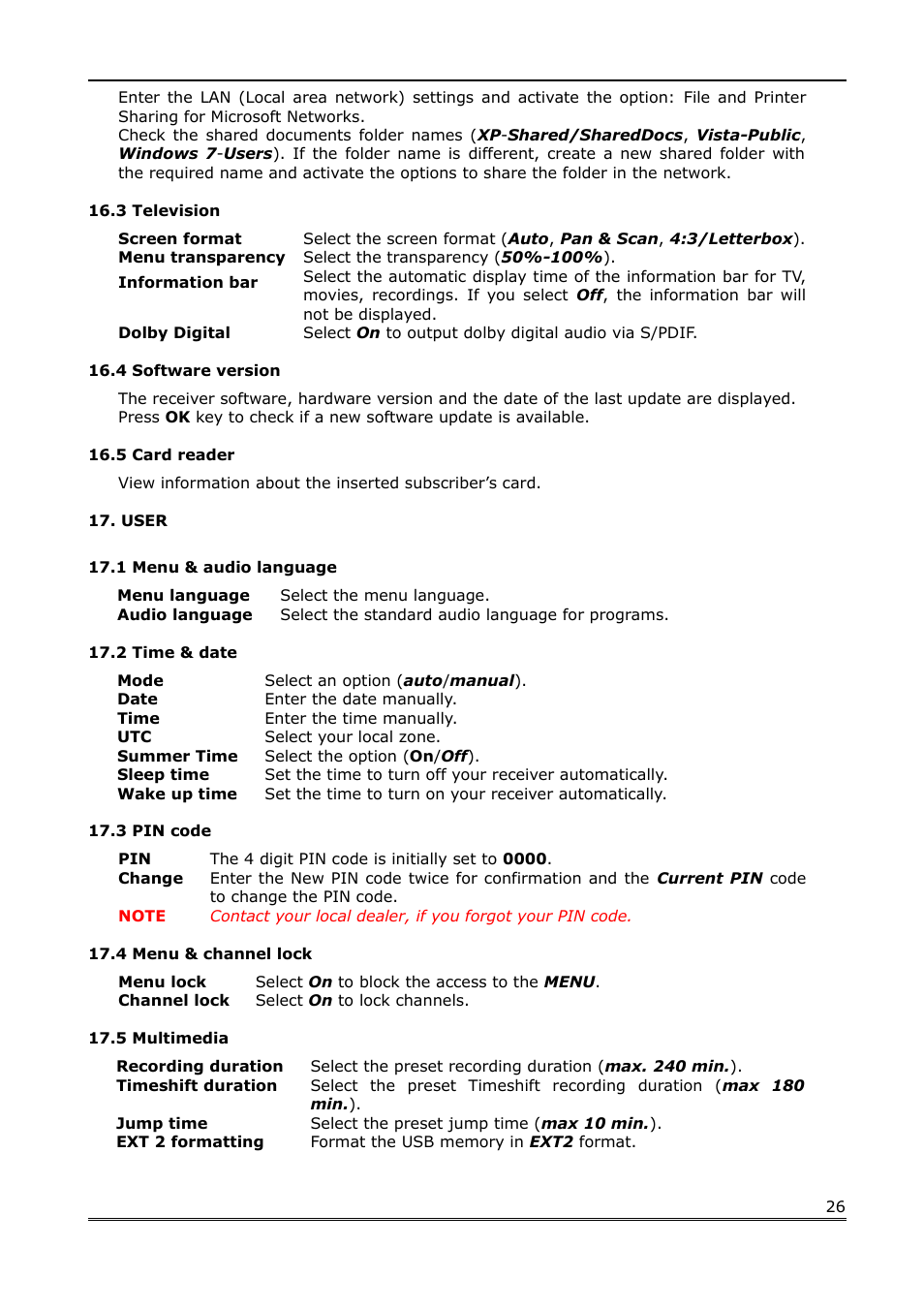 3 television, 4 software version, 5 card reader | User, 1 menu & audio language, 2 time & date, 3 pin code, 4 menu & channel lock, 5 multimedia | Ferguson Ariva Link 100 User Manual | Page 26 / 37