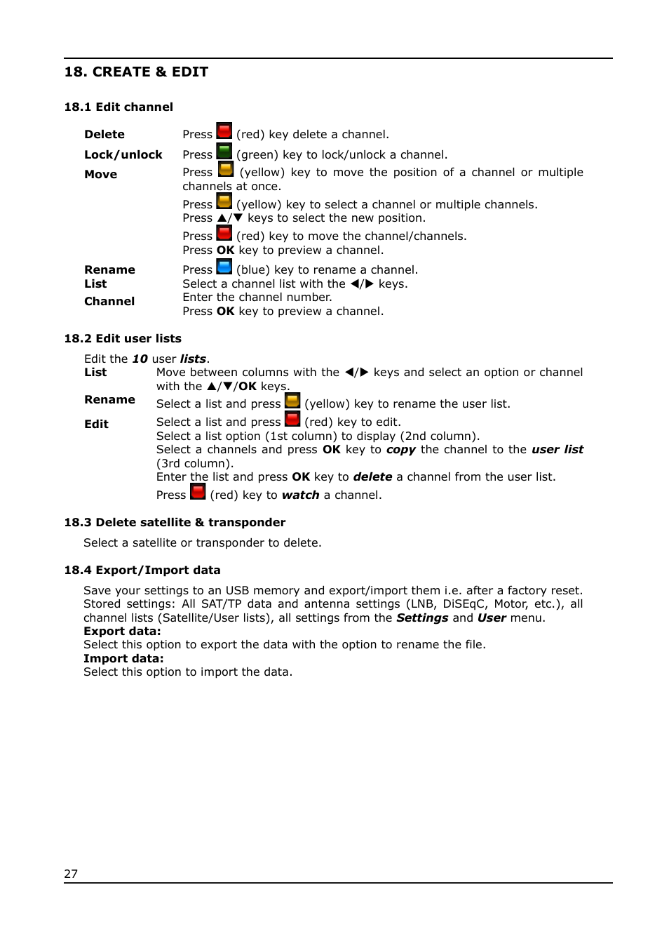 Create & edit, 1 edit channel, 2 edit user lists | 3 delete satellite & transponder, 4 export/import data | Ferguson Ariva Link 100 User Manual | Page 27 / 37