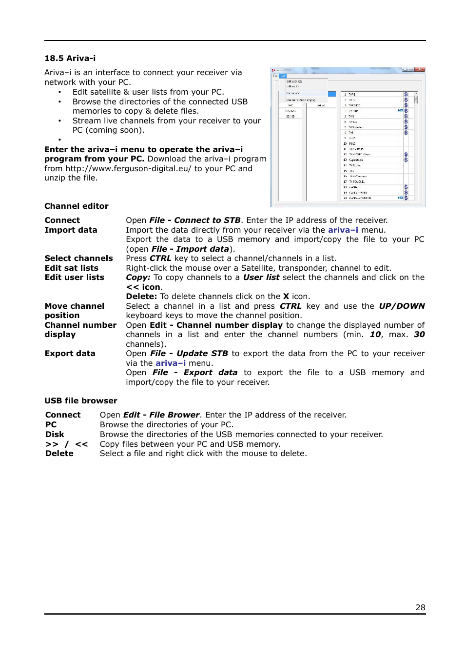 5 ariva-i, Channel editor, Usb file browser | Ferguson Ariva Link 100 User Manual | Page 28 / 37