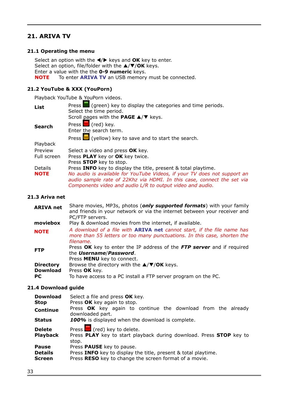 Ariva tv, 1 operating the menu, 2 youtube & xxx (youporn) | 3 ariva net, 4 download guide | Ferguson Ariva Link 100 User Manual | Page 33 / 37