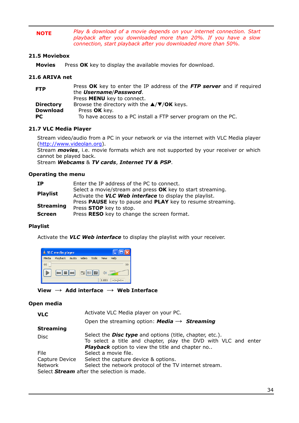 5 moviebox, 6 ariva net, 7 vlc media player | Operating the menu, Playlist, Open media | Ferguson Ariva Link 100 User Manual | Page 34 / 37