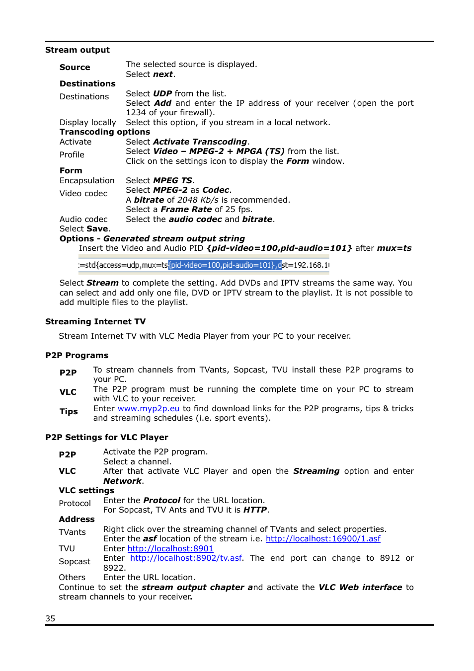 Stream output, Streaming internet tv, P2p programs | P2p settings for vlc player | Ferguson Ariva Link 100 User Manual | Page 35 / 37