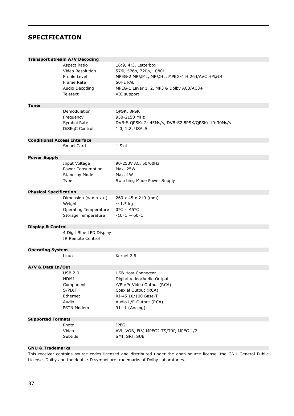 Specification | Ferguson Ariva Link 100 User Manual | Page 37 / 37