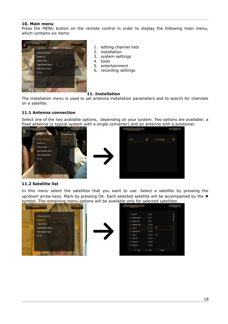 Main menu, Installation, 1 antenna connection | 2 satellite list | Ferguson Ariva 252Combo User Manual | Page 18 / 54