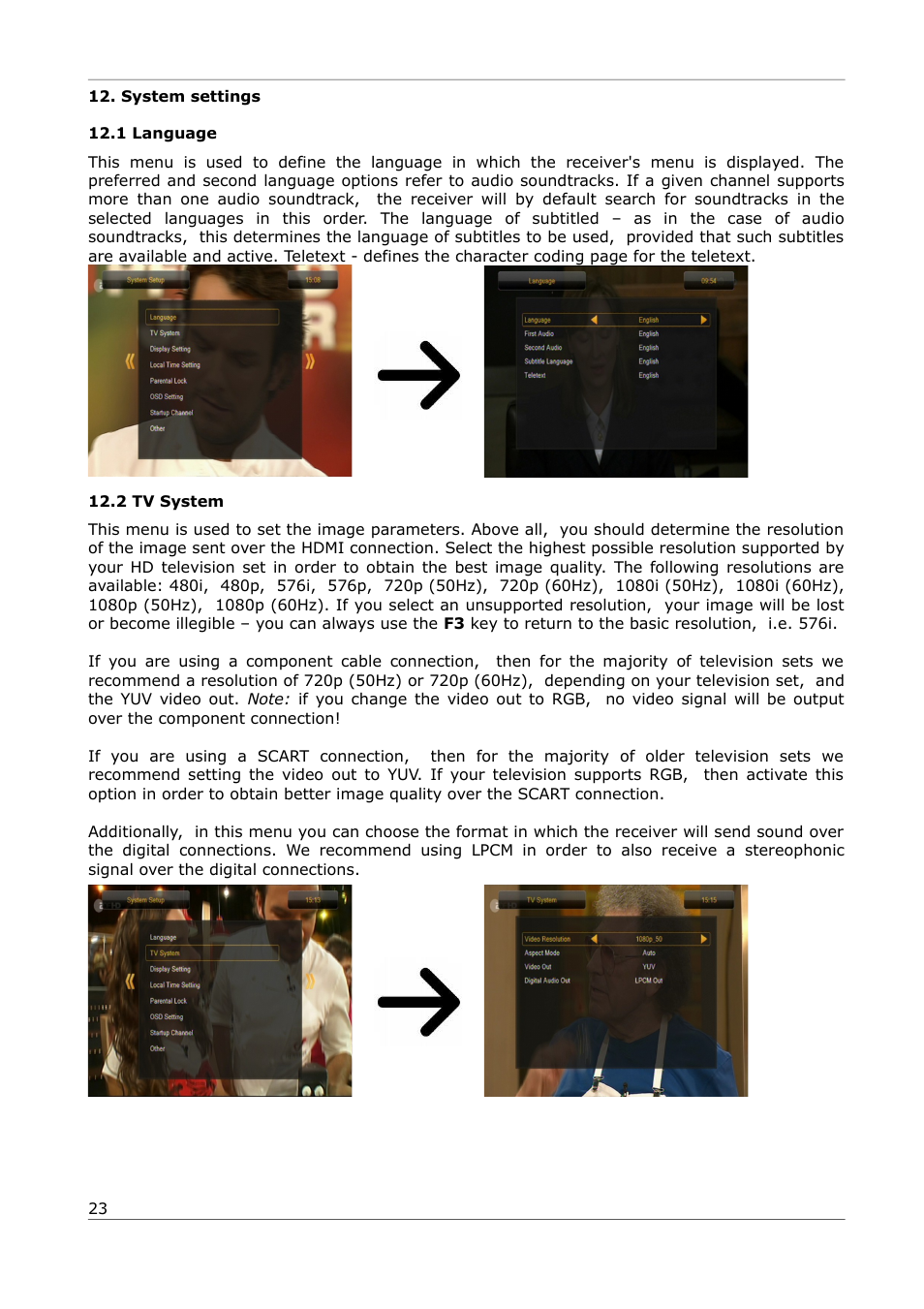 System settings, 1 language, 2 tv system | Ferguson Ariva 252Combo User Manual | Page 23 / 54