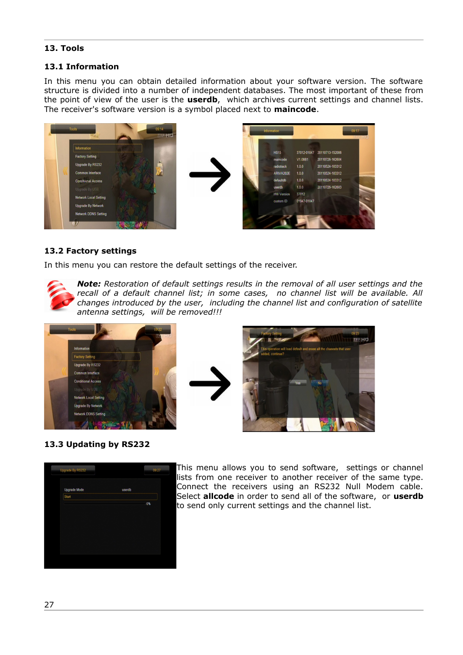 Tools, 1 information, 2 factory settings | 3 updating by rs232 | Ferguson Ariva 252Combo User Manual | Page 27 / 54