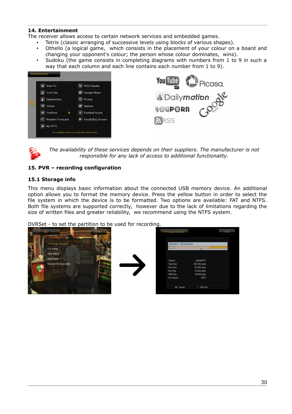 Entertainment, Pvr – recording configuration, 1 storage info | Ferguson Ariva 252Combo User Manual | Page 30 / 54