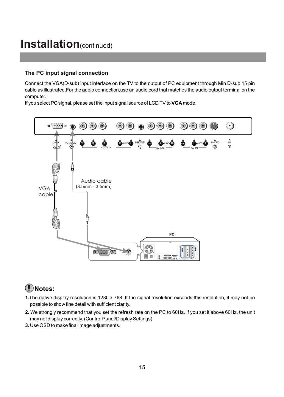Installation, Continued), The pc input signal connection | Audio cable vga cable, 5mm - 3.5mm) | Audiovox FPE1705 User Manual | Page 15 / 37
