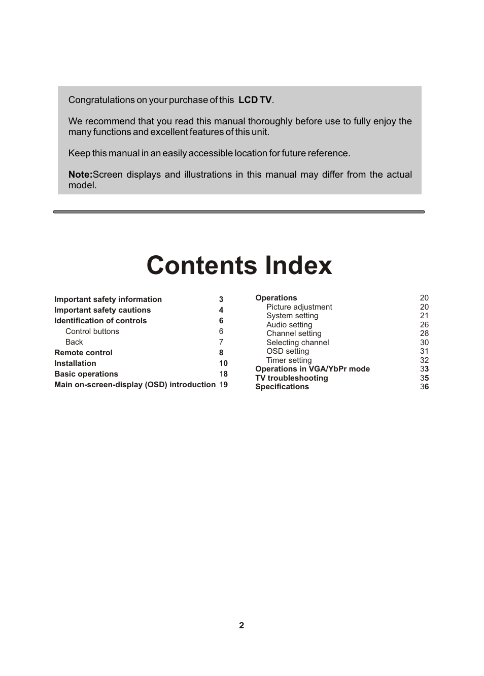 Contents index | Audiovox FPE1705 User Manual | Page 2 / 37