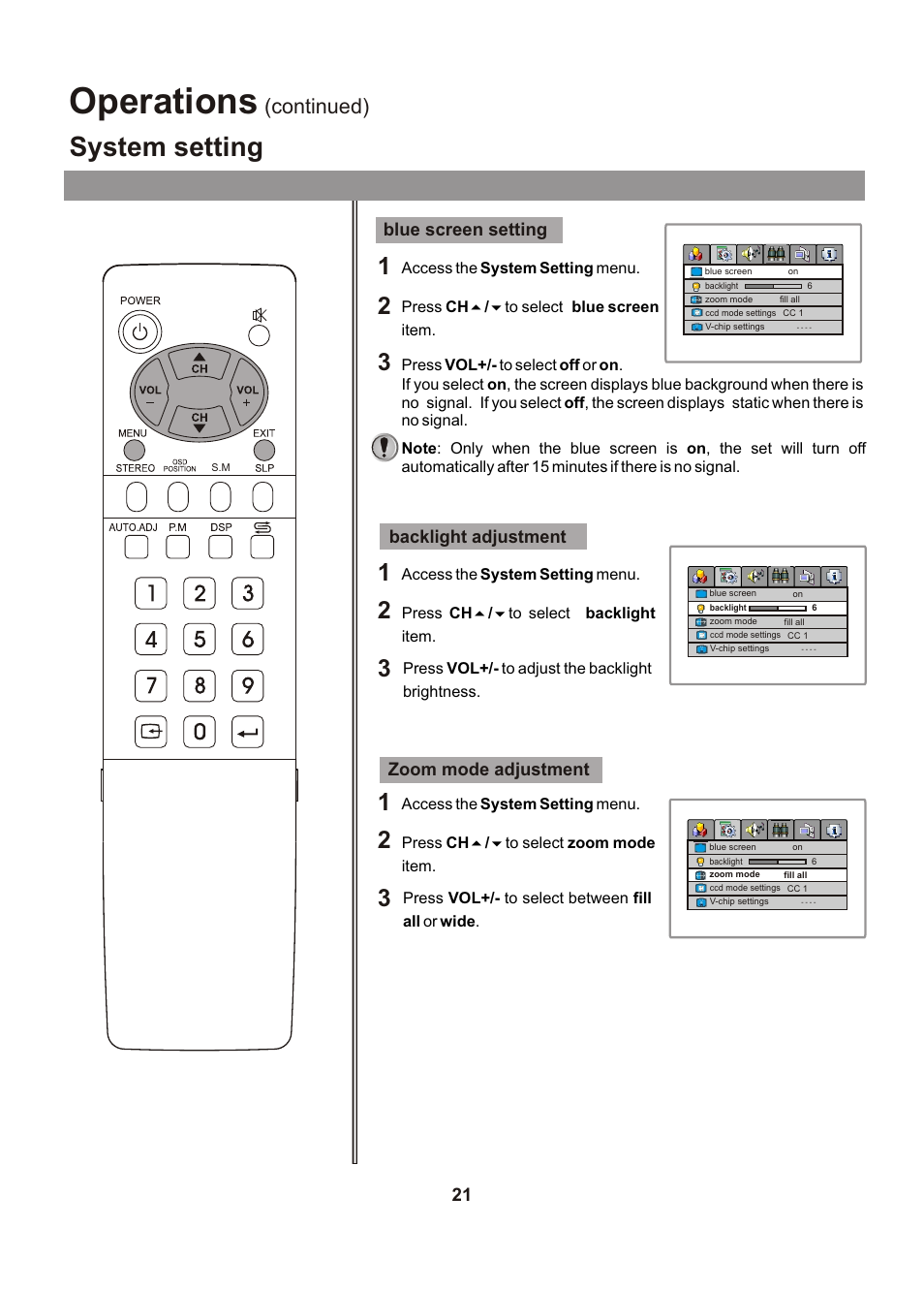 Operations, System setting, Continued) | Audiovox FPE1705 User Manual | Page 21 / 37
