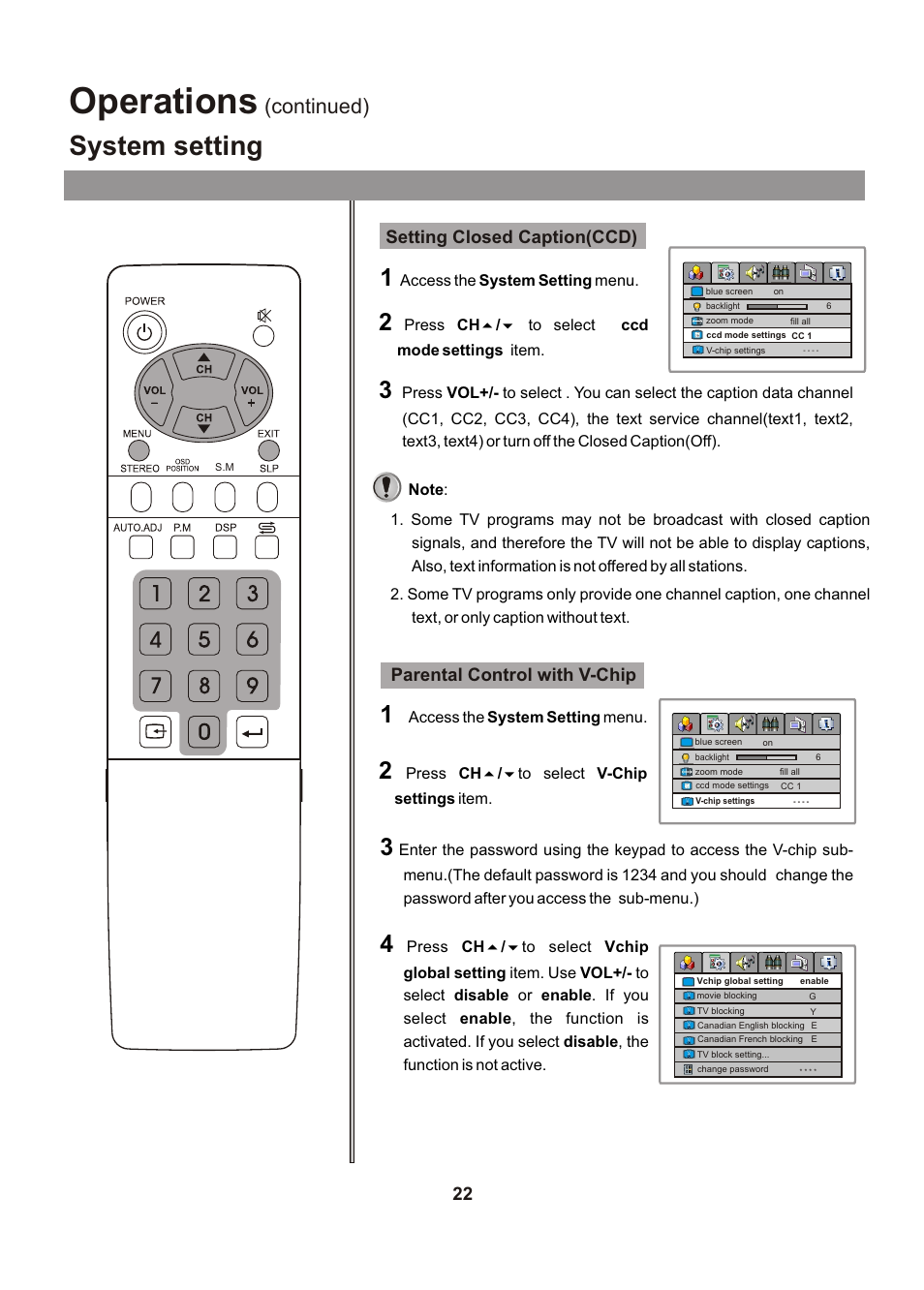 Operations, System setting, Continued) | Audiovox FPE1705 User Manual | Page 22 / 37