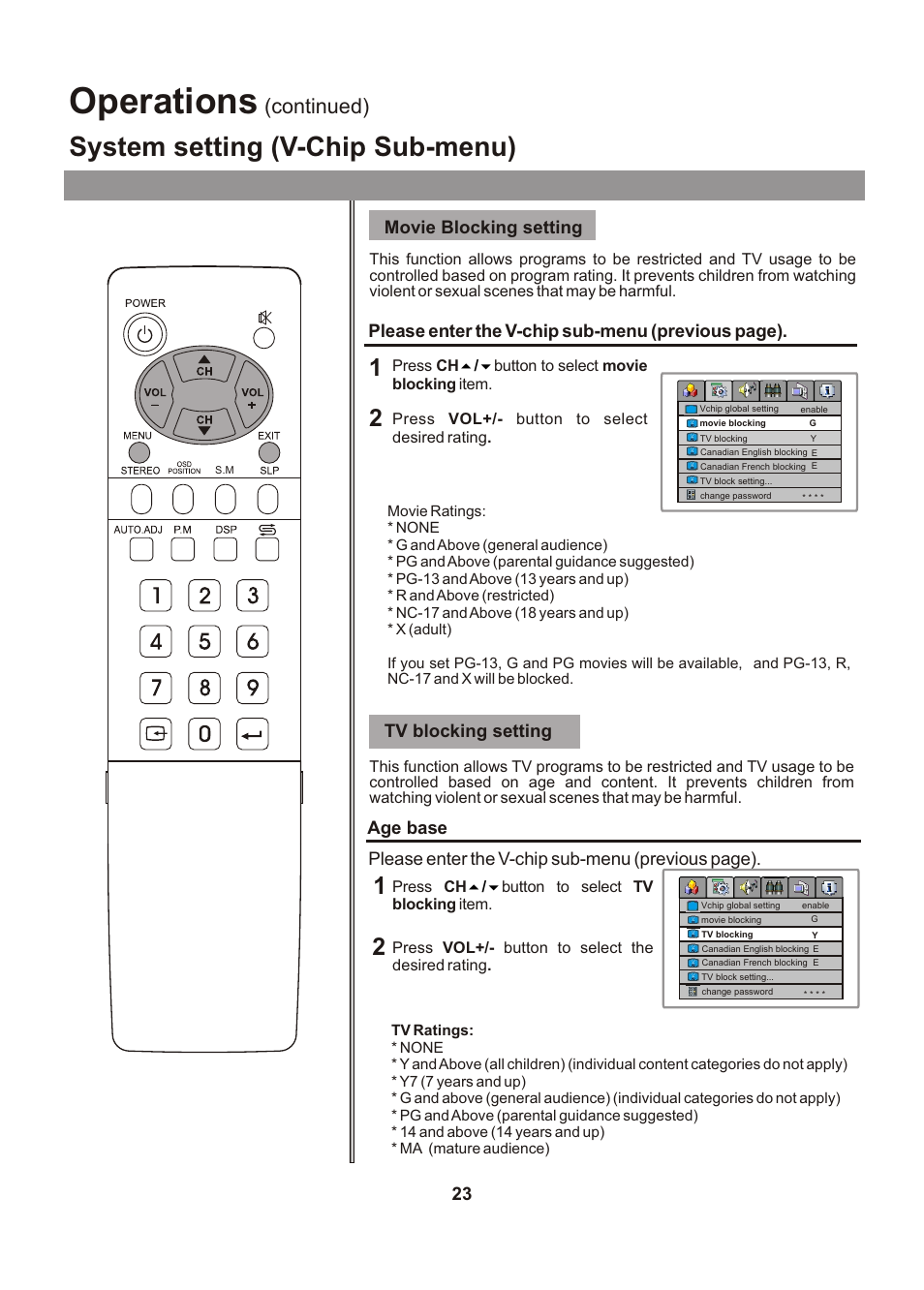 Operations, System setting (v-chip sub-menu), Continued) | Please enter the v-chip sub-menu (previous page) | Audiovox FPE1705 User Manual | Page 23 / 37