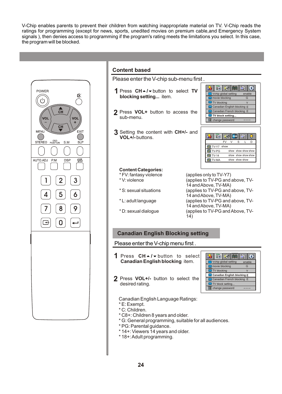 Canadian english blocking setting, Please enter the v-chip menu first, Press vol+/- button to select the desired rating | Audiovox FPE1705 User Manual | Page 24 / 37
