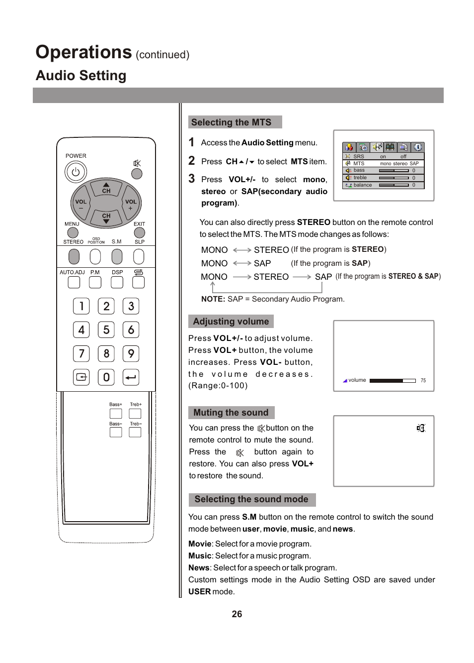 Operations, Audio setting, Continued) | Audiovox FPE1705 User Manual | Page 26 / 37
