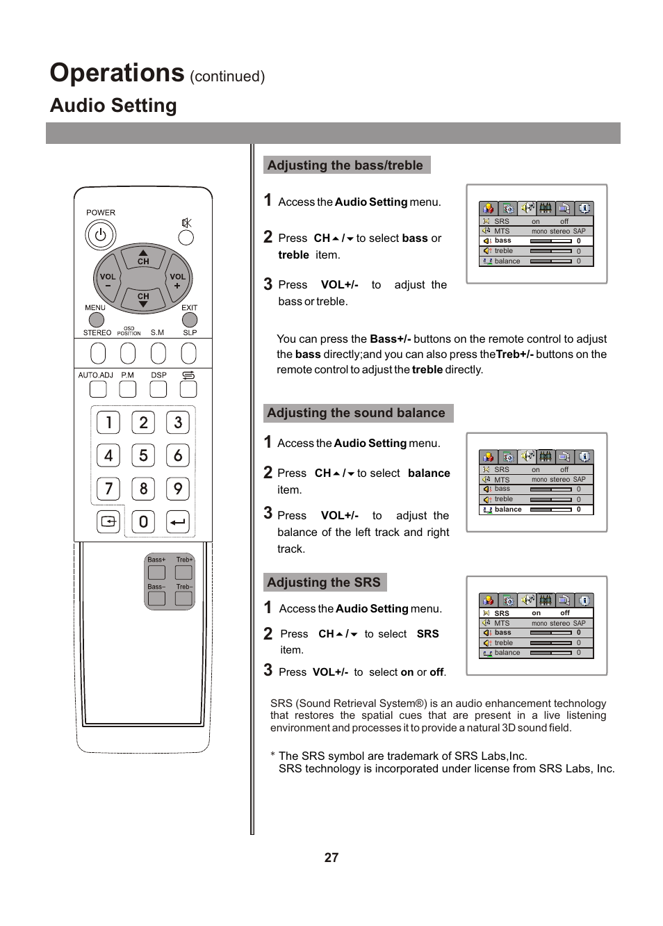 Operations, Audio setting, Continued) | Audiovox FPE1705 User Manual | Page 27 / 37