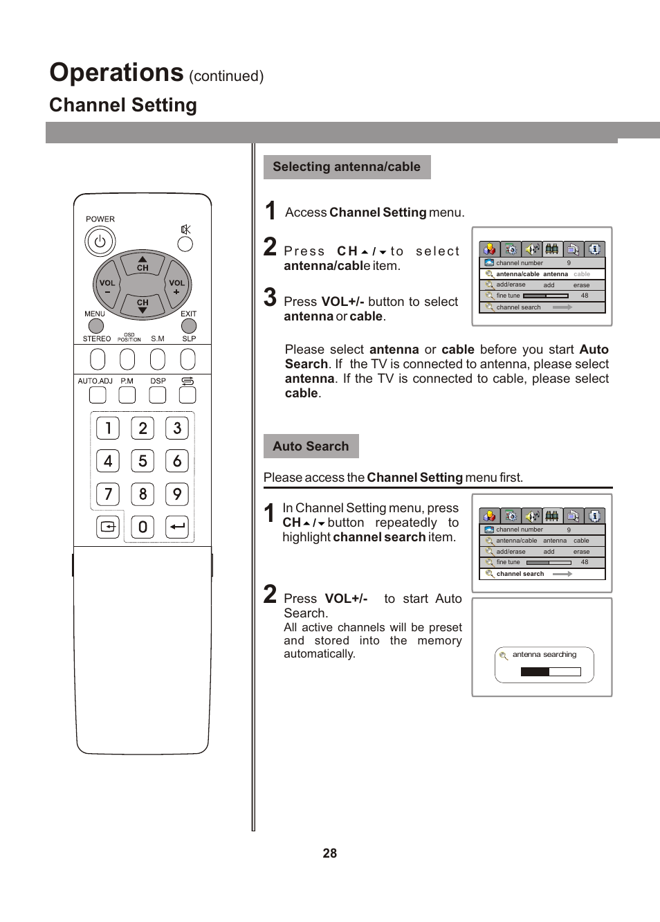 Operations, Channel setting, Continued) | Audiovox FPE1705 User Manual | Page 28 / 37