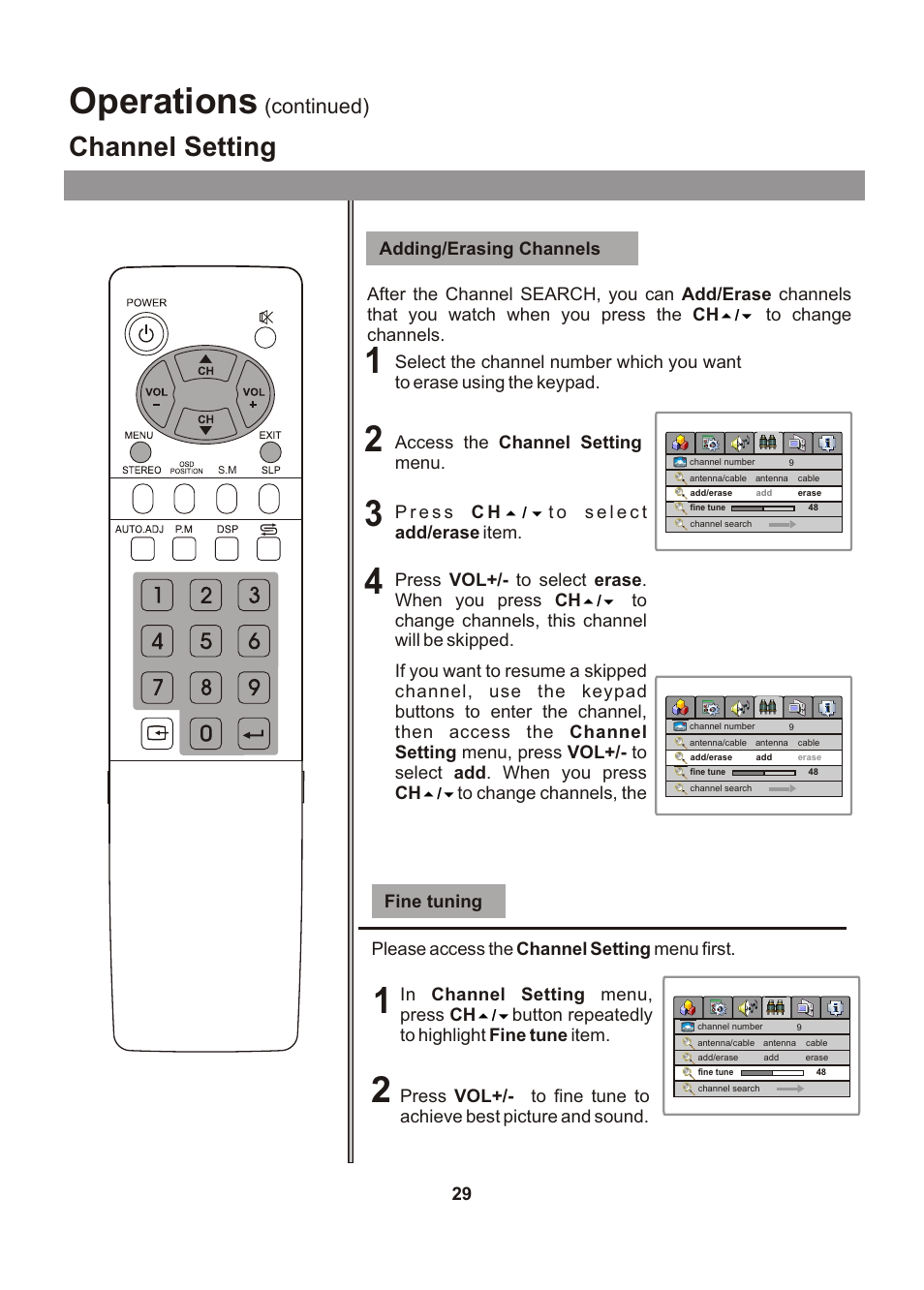 Operations, Channel setting, Continued) | Audiovox FPE1705 User Manual | Page 29 / 37