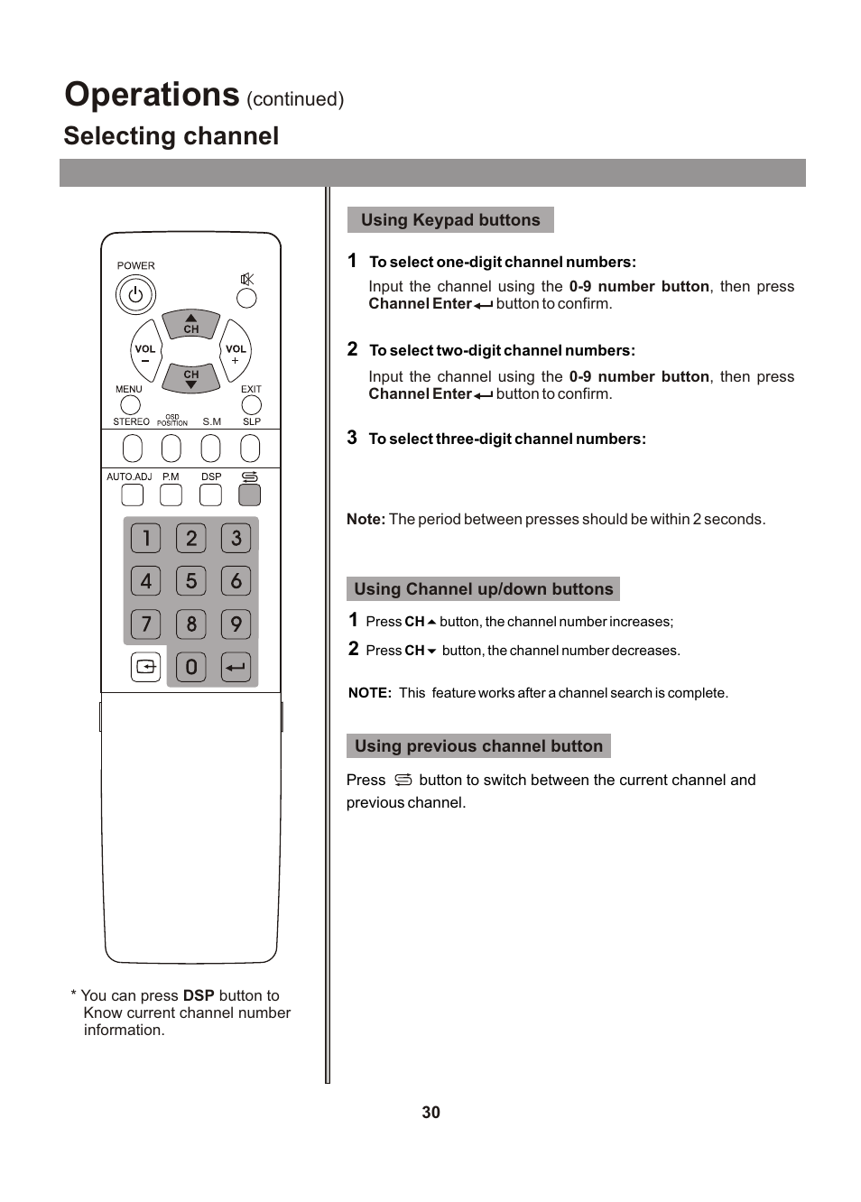 Operations, Selecting channel | Audiovox FPE1705 User Manual | Page 30 / 37